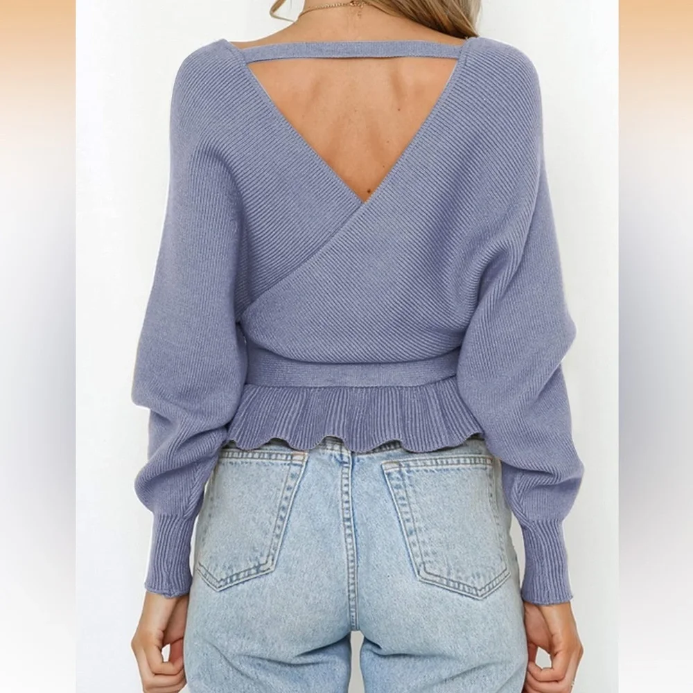 Zesica Wrap V Neck Batwing Sleeve Belted Waist Ruffle Peplum Knitted Sweater L - Picture 3 of 6